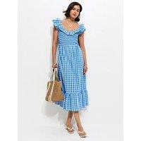 New Look Blue Cotton Gingham Ruffled Neck Midi Dress