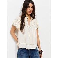 New Look Embroidered Tie Neck Short Sleeve Blouse - Cream