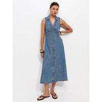 New Look Mid Wash Ruched A-Line Midi Dress - Blue