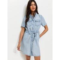 New Look Lightweight Denim Shirt A-Line Mini Dress - Light Blue