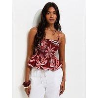 New Look Palm Print Shirred Cami Top - Burgundy