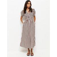 New Look Brown Striped Wrap Midi Dress - Cream