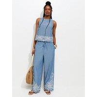 New Look Embroidered Hem Wide Leg Co Ord Trousers - Chambray Blue