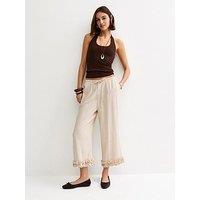 New Look Linen-Look Cropped Ruffle Hem Trousers - Stone