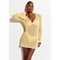 New Look O-Ring Crochet Beach Kaftan Dress - Light Yellow