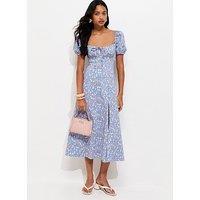 New Look Rose Print Milkmaid Midi Dress - Blue