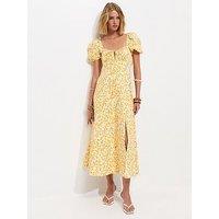 New Look Floral Print Milkmaid Split Front Midi Dress - Yellow