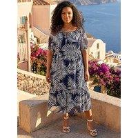 Roman Curve Leaf Print Tie Neck Midi Dress