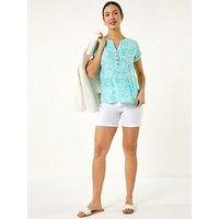 Roman Leaf Print V-Neck Button Top