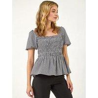 Roman Dusk Gingham Shirred Peplum Top