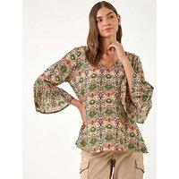 Roman Ikat Print Flare Sleeve Top
