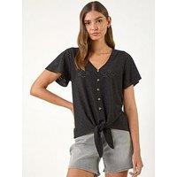 Roman V-Neck Broderie Stretch Jersey Tie Front Top
