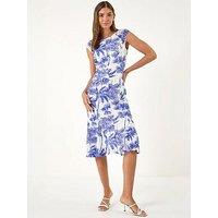 Roman Palm Print Lace Godet Hem Dress