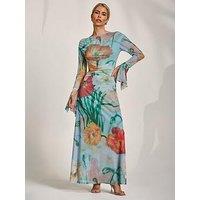 Jolie Moi Long Sleeve Slash Neck Mesh Maxi Dress - Blue