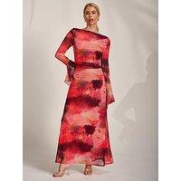 Jolie Moi Long Sleeve Slash Neck Mesh Maxi Dress - Red