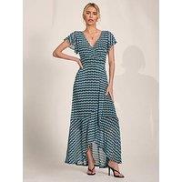 Jolie Moi Geo Print Ruffle Hem Mesh Maxi Dress - Blue