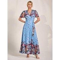 Jolie Moi Floral Mesh Wrap Maxi Dress - Blue