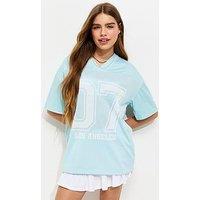 New Look 915 Girls Blue 07 Print Mesh Panel Longline Top - Light Blue