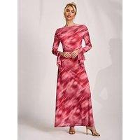 Jolie Moi Long Sleeve Slash Neck Mesh Maxi Dress - Pink