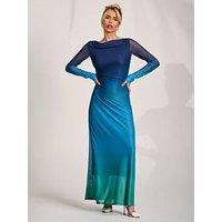 Jolie Moi Long Sleeve Slash Neck Mesh Maxi Dress - Blue
