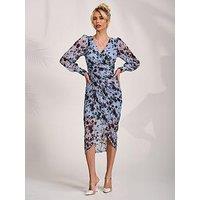 Jolie Moi Lace Long Sleeve Ruched Bodycon Dress - Blue
