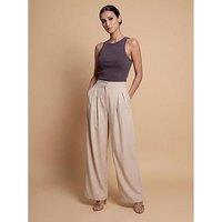 Little Mistress Pleat Wide Leg Trousers - Beige