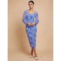 Little Mistress Floral Print Ruched Midi Bodycon Dress - Blue