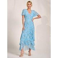 Jolie Moi Ruffle Hem Floral Mesh Midaxi Dress - Blue