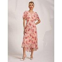 Jolie Moi Printed Chiffon Pleated Maxi Dress - Pink