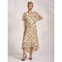Jolie Moi Printed Chiffon Pleated Maxi Dress - Yellow