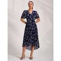 Jolie Moi Printed Chiffon Pleated Maxi Dress - Navy