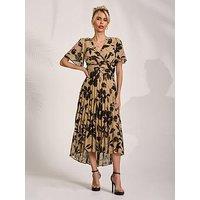 Jolie Moi Printed Chiffon Pleated Maxi Dress - Black