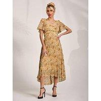 Jolie Moi Printed Chiffon Pleated Maxi Dress - Yellow