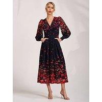 Jolie Moi Long Sleeve Printed Lace Maxi Dress - Navy