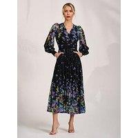 Jolie Moi Long Sleeve Printed Lace Maxi Dress - Navy