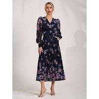 Jolie Moi Long Sleeve Printed Lace Maxi Dress - Navy