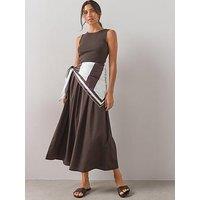 The Very Collection Woven Mix Dress With Scarf Detail- Brown