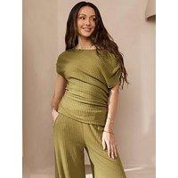 Michelle Keegan Off The Shoulder Ribbed Top - Olive