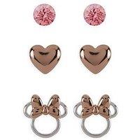 Disney Brass Light Rose Crystal, Heart & Stud Earrings 3Pc Set