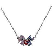 Disney Silver Plated 18" Stitch And Angel Enamel Heart Necklace