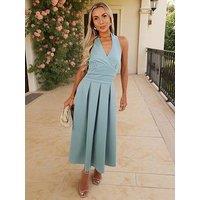 Ax Paris Tie Halter Neck Midi Dress - Duck Egg Blue