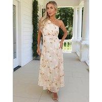 Ax Paris Blush Floral Embroidered Chiffon One Shoulder Midi Dress - Pink