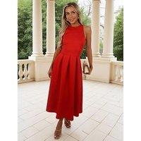 Ax Paris Blood Racer Neck Pleated Skirt Midi Dress - Orange
