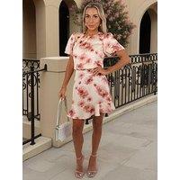 Ax Paris Floral Print Puff Sleeve Frill Hem Mini Dress - Blush Pink