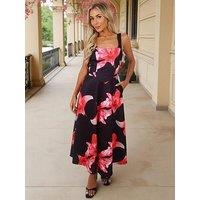 Ax Paris Floral Print Square Neck A-Line Midi Dress - Black/Cerise