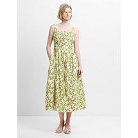 French Connection Cotton Lemon Print Ruched A-Line Midi Dress