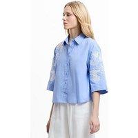 French Connection Cotton Button-Up Floral Embroidered 3/4 Length Sleeve Shirt