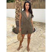 Ax Paris Khaki Collared Shirt Playsuit - Green