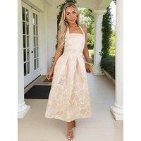Ax Paris Floral Jacquard Tie Neck A-Line Midi Dress - Blush Pink