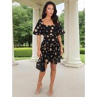 Ax Paris And Stone Polka Dot Puff Sleeve Mini Dress - Black